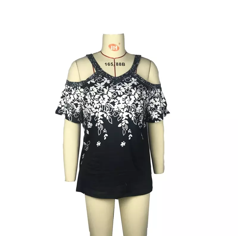 2023 Women Fashion Short Sleeve Flower Printed Casual T-shirt Soft and Comfortable V-neck Strapless Summer Tops