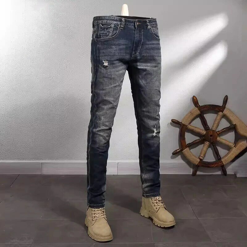 Nieuwe Designer Fashion Mannen Jeans Hoge Kwaliteit Retro Donkerblauw Elastisch Slim Fit Gescheurde Jeans Heren Broek Vintage Denim Broek