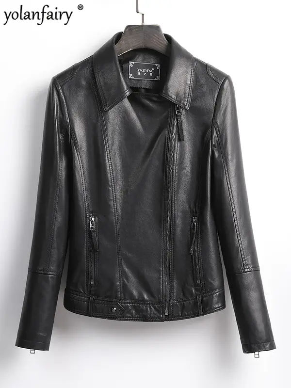Xhl368-Chaqueta de piel de oveja para mujer, abrigo de piel auténtica para motocicleta, color negro, para primavera, 2022, 100%