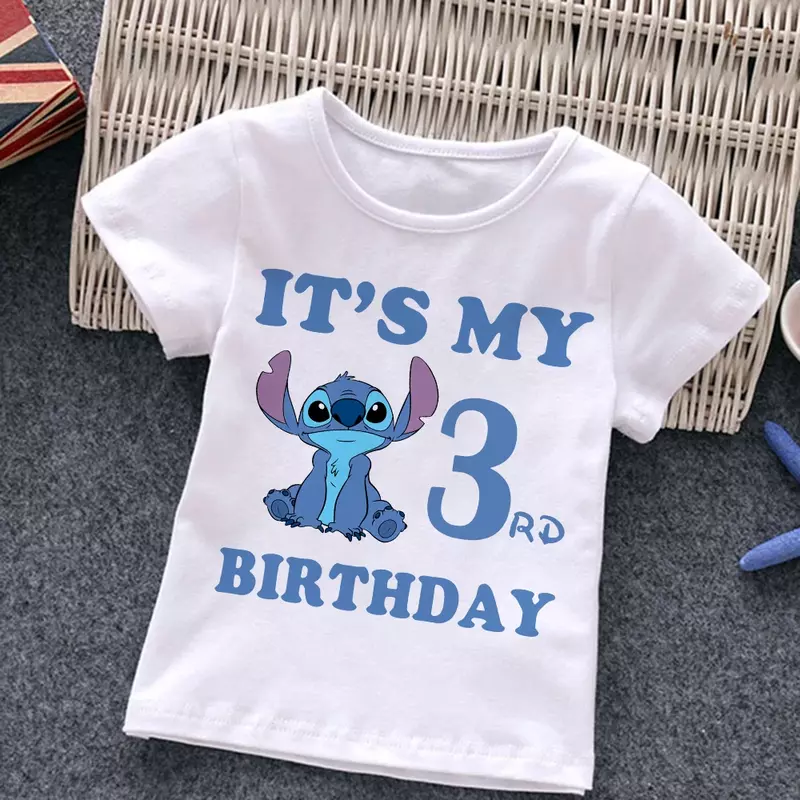 Nieuwe Stitch Kinder T-Shirt Verjaardag Nummer 123456789 Zomer Kleding Kawaii Anime Cartoons Kids Boy Girl Tee Shirts Casual Top