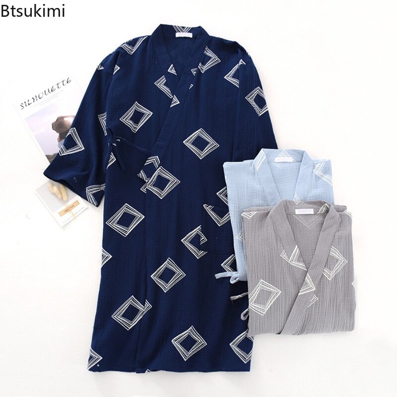 Men's Cotton Crepe Cloth Pajamas Robe Japanese Kimono Cardigan Sleepwear Print Homewear Two-layer Gauze Comfort Bathrobe for Men