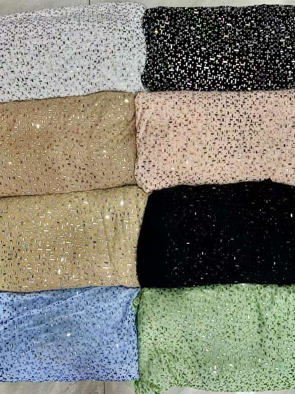 Tecidos de renda nigerianos com pedras de cristal para vestido de casamento, grânulos pesados, líquido francês, luxo, elástico, 2024