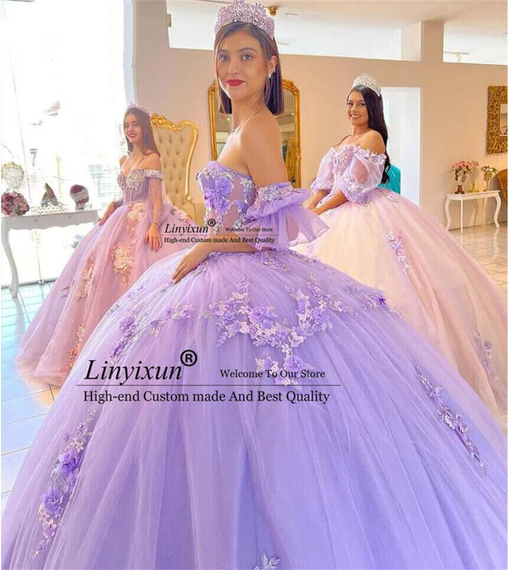 Księżniczka lawendowa sukienka na Quinceanera suknia balowa 3D kwiat kolorowy kwiatowy aplikacja z koralikami słodka 16 Vestido 15 De Años