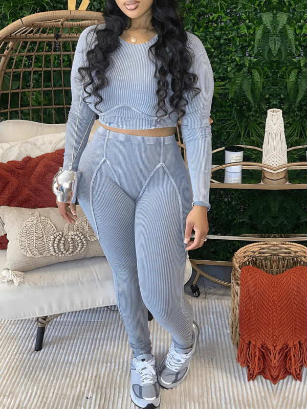 LW Rib Knit Skinny Pants Set Plain Stitch Two Pieces Trousers Suits Long Sleeve Bare Waist Crew Neck Top & High Waist Leggings