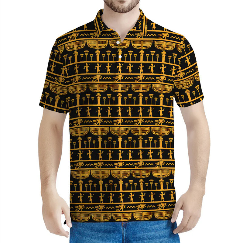 고대 이집트 패턴 폴로 셔츠, 3D 프린트 이집트 토템 티셔츠, 캐주얼 스트리트웨어 티셔츠, 라펠 단추 반팔