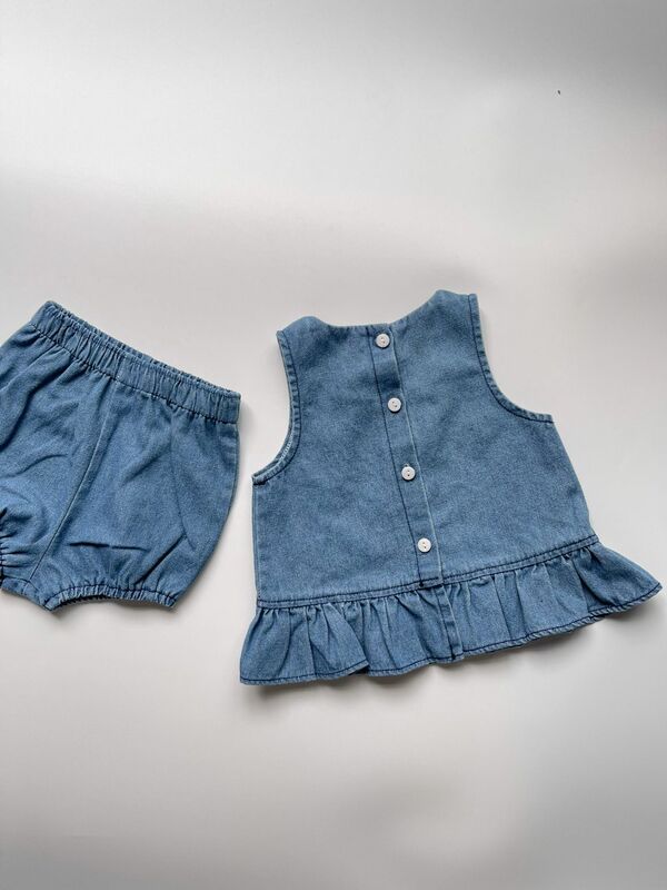 2024 Summer New Baby Girl Sleeveless Denim Clothes Set Infant Cute Lace Vest + Shorts 2pcs Suit Casual Versatile Toddler Outfits