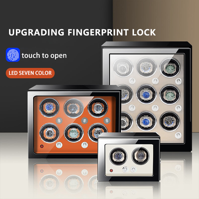 Fingerprint Unlock Automatic Watch Winder 2 3 4 6 9 Slots Luxury Watch Storage Box Wood Shaker LED Colorful Light and Lid Sensor
