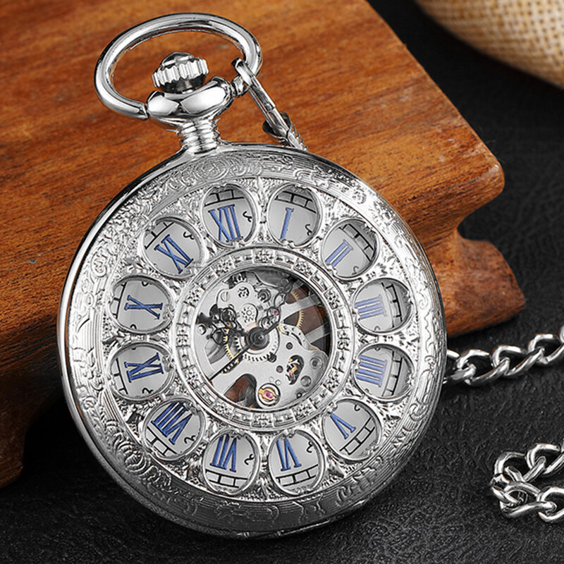 Roman Numeral Luxury Mechanical Pocket Watch Engrave Carving Sliver Case Steampunk Skeleton Watches Fob Chain Clock for Men