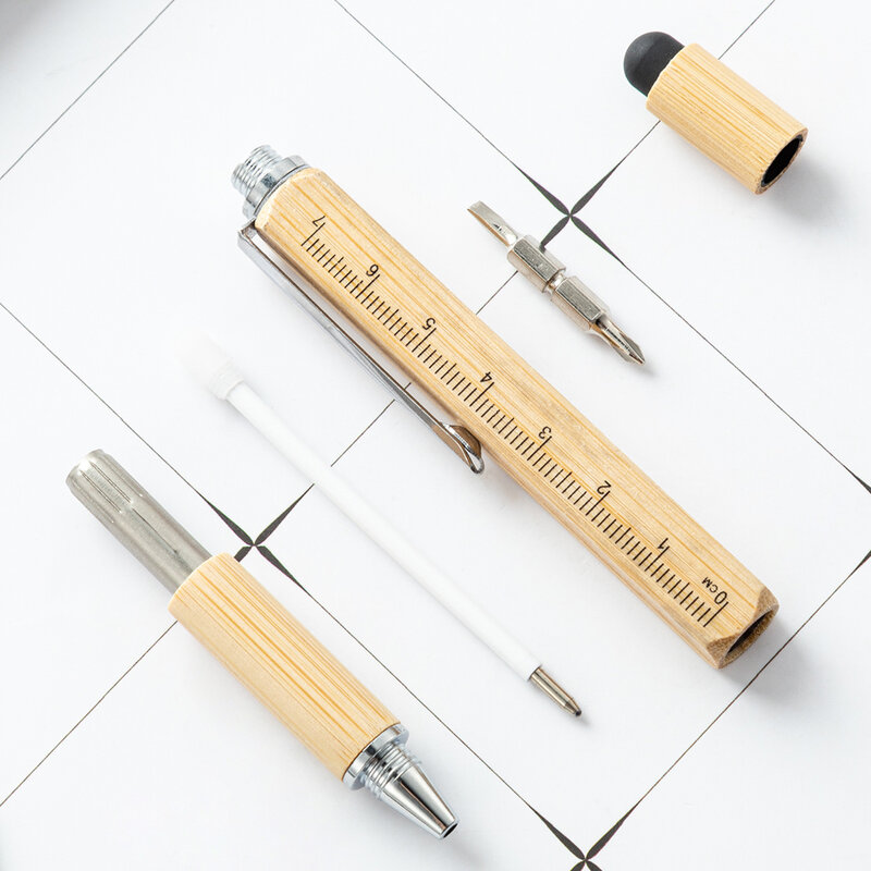 Bolígrafo De bambú 6 en 1, destornillador multifunción, regla de precisión, calibrador, bolígrafo para teléfono, lápiz táctil, medidor de nivel