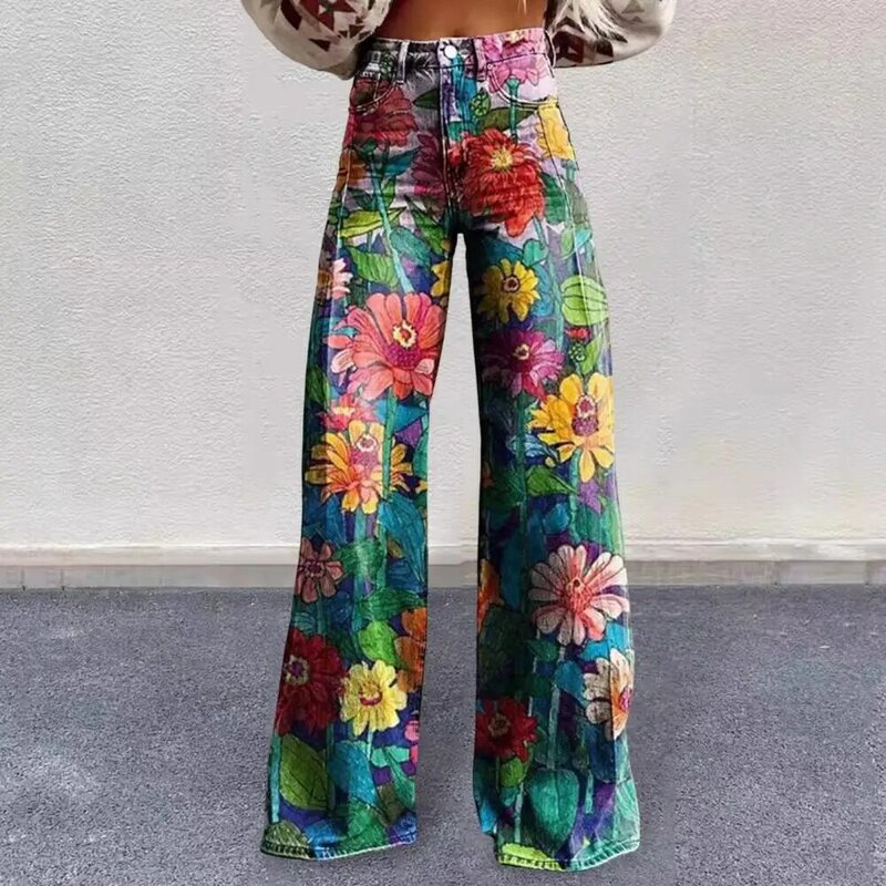Pantalones con estampado Digital para mujer, pantalón Vintage con estampado Floral, cintura alta, pierna ancha, Retro, con botones y bolsillos