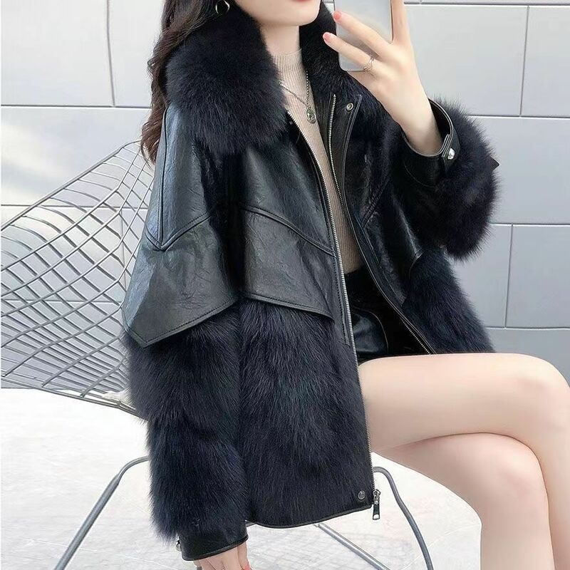 Manteau de fourrure en cuir PU pour femmes, manteau de fourrure de renard populaire, mode vintage, épaissi, chaud, coréen, nouveau, hiver, 2022