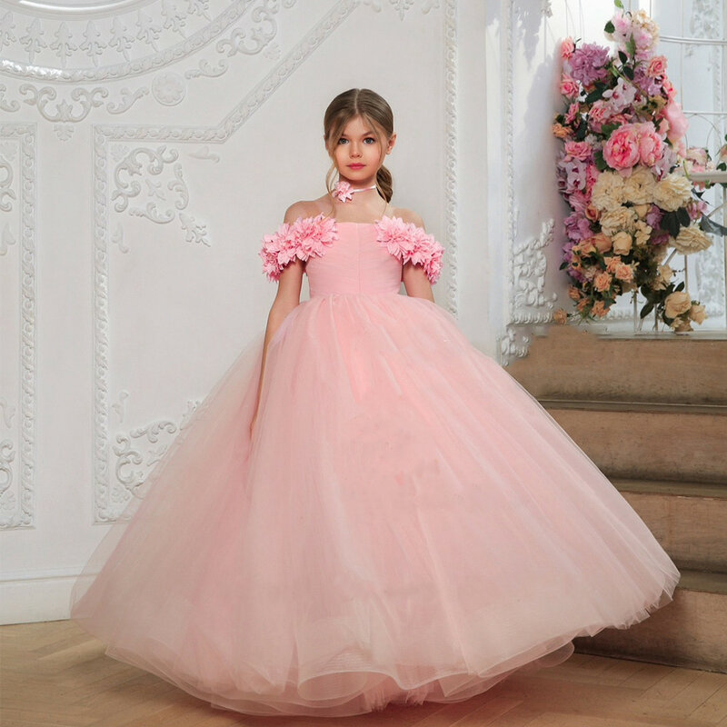 Blue Pink Flower Girl Dresses For wedding with Floral Tulle Off Shoulder Kid Birthday Party First Communion Christmas Ball Gown