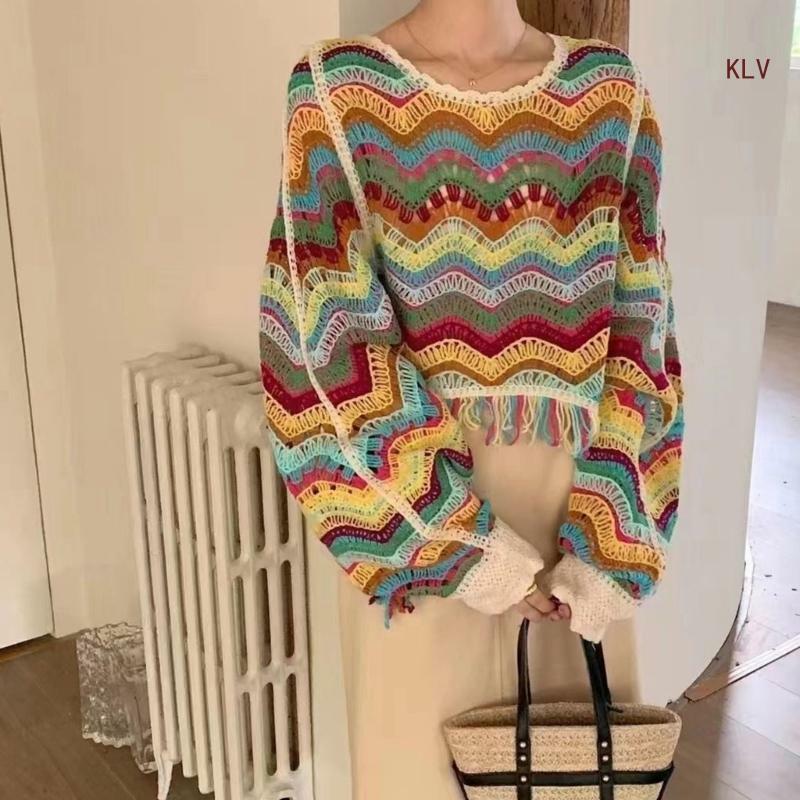 Suéter feminino recortado malha manga comprida crochê vazado redonda 6XDA