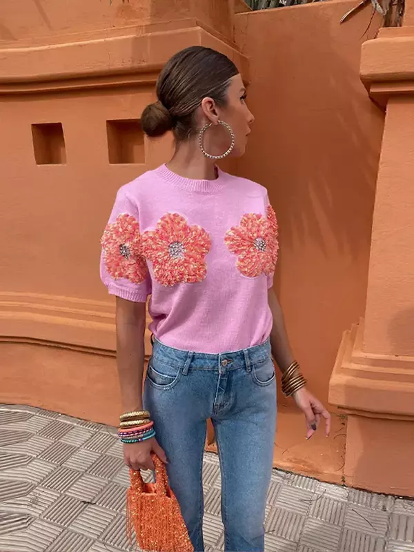 Chic Spliced Floral Sweater For Women Elegant Ribbed O Neck Short Sleeves Knitted Pullover Spring Elegant Streetwear