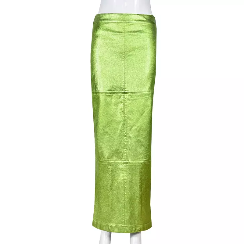 Sexy Sparkly Slit Luxury Long Skirts Women High Waist Metallic Green Slim Maxi Skirt 2024 Summer Elegant Birthday Party Clothes