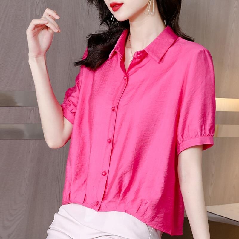 Blus kemeja wanita, gaya musim semi dan panas kasual lengan pendek kerah lipat atasan Blusas G2692