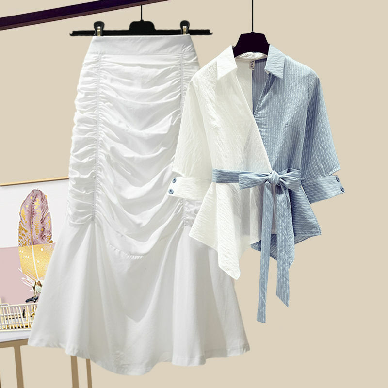 Spring/Summer Set Women's 2024 New Korean Edition Waist Slimming Shirt Top High Waist Fishtail Half Skirt Set