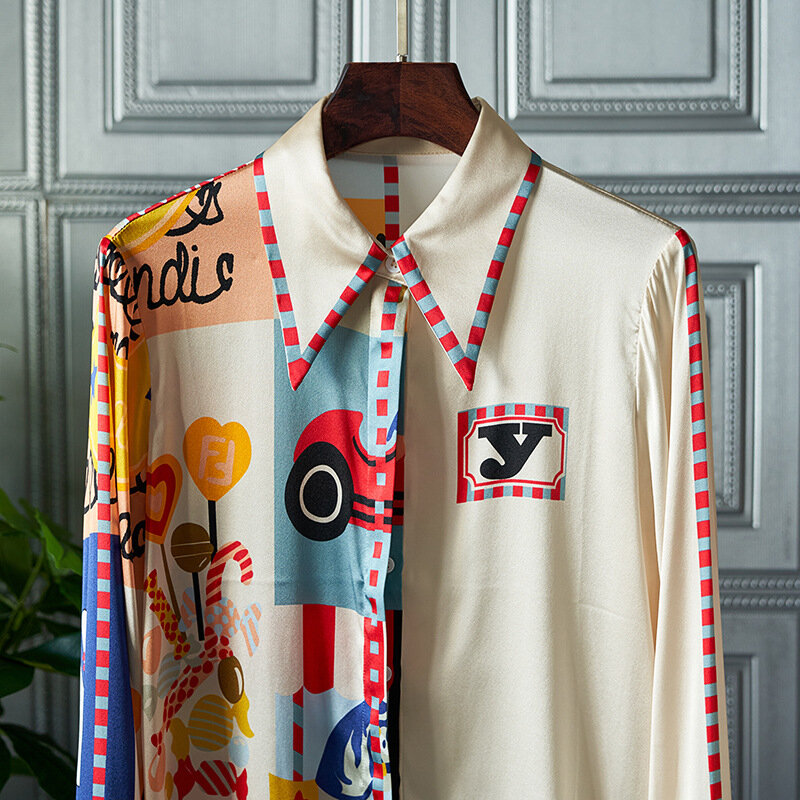 Женская шелковая рубашка с длинным рукавом, элегантная рубашка из тутового шелкопряда с уникальным лацканом и принтом в иностранном стиле, 2024