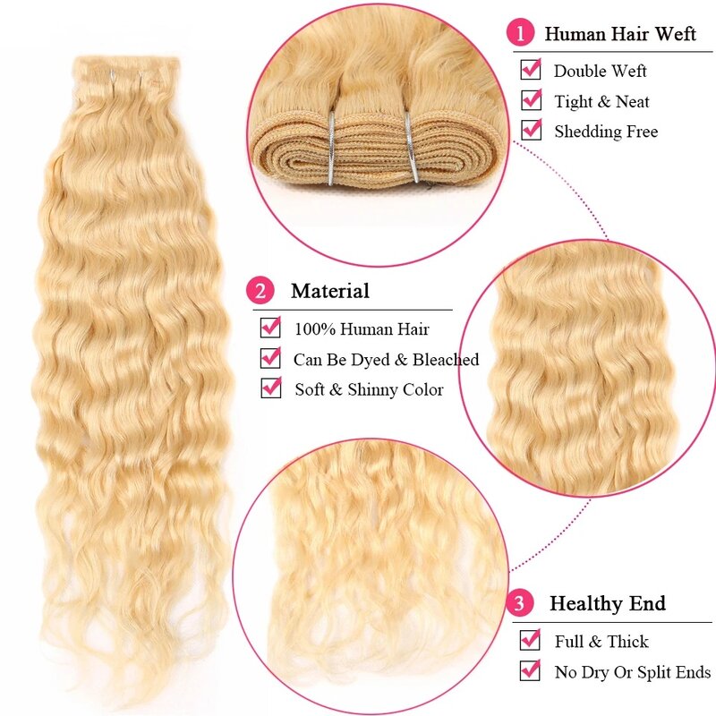 Extensiones de cabello humano para mujeres negras, mechones largos y rizados con ondas al agua, rubio miel 613, 150% de densidad, Remy brasileño, 40 pulgadas