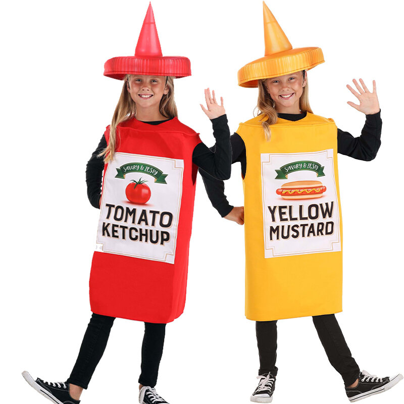 Traje de Halloween para menino e menina, fantasia, mostarda, ketchup, diversão, unissex, halloween, 2024