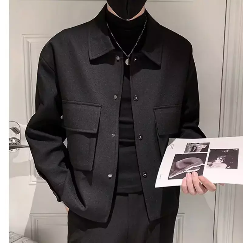 Зимний мужской шерстяной тренчкот, короткая приталенная повседневная куртка, корейский однотонный тренчкот, ветровка с отложным воротником, верхняя одежда