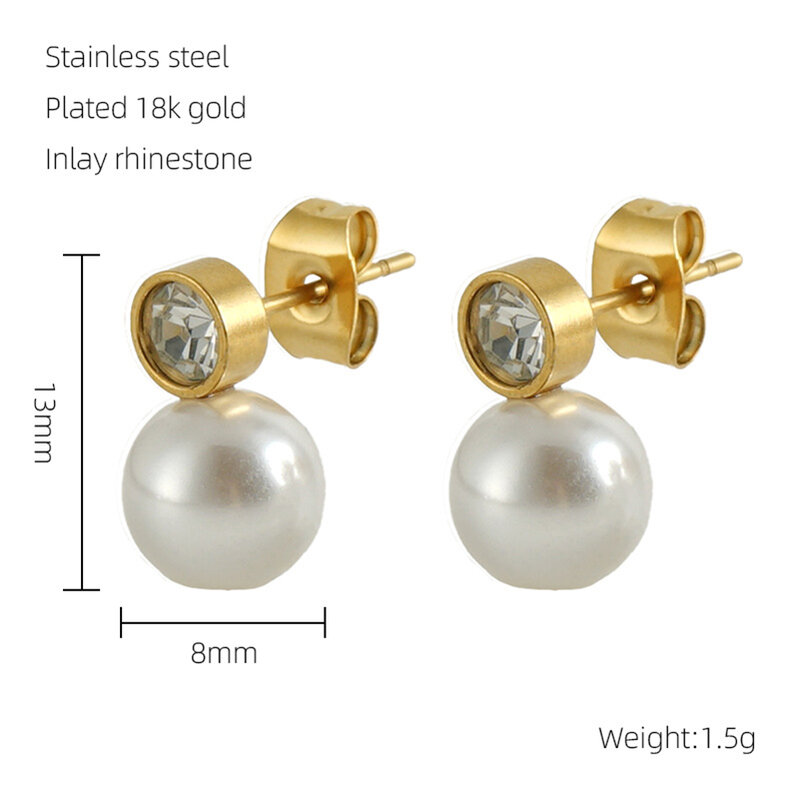 Orecchini a bottone con perle grandi di alta qualità in acciaio inossidabile placcato oro 18 carati da donna con gioielli Boho riempiti d'oro