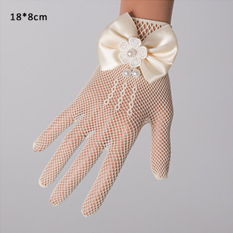 Dziewczęce rękawiczki weselne akcesoria do dekoracji ceremonii dziecięcej rękawiczki księżniczki elastyczna siatka perłowe rękawiczki z kokardką