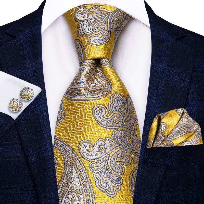 Yellow Silver Paisley Silk Wedding Tie For Men Handky Cufflink Gift Men Necktie Fashion Design Business Party Dropshiping Hi-Tie