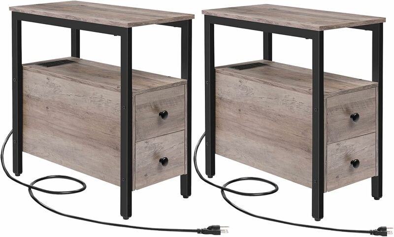 Narrow side table with drawers and USB ports and power outlets, small space nightstand, living room, stable, grey and black