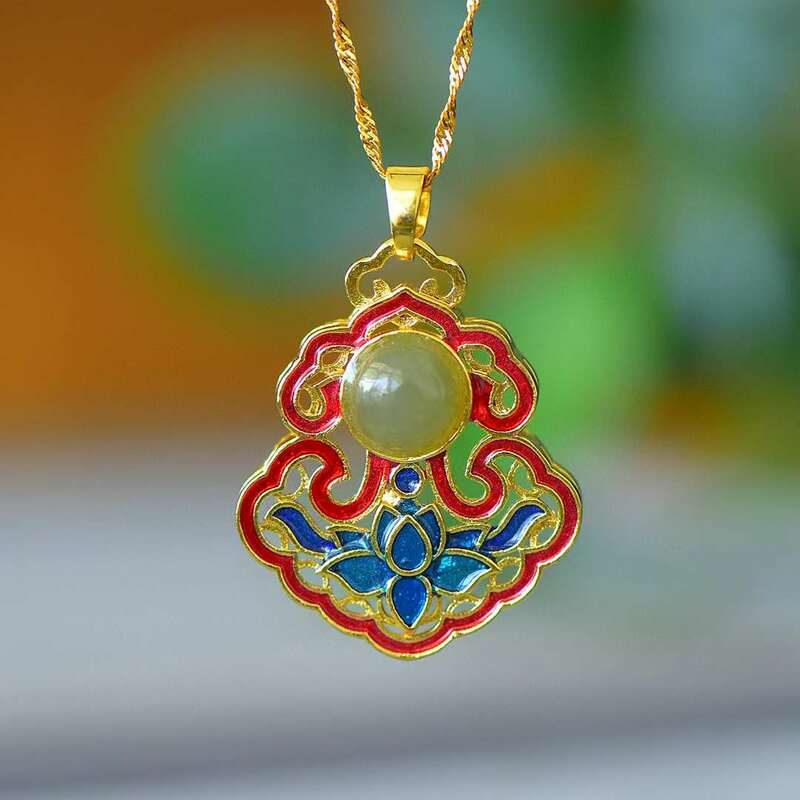 Медь, инкрустированная натуральным цветком благоприятного нефрита Hetian🌸Женское Ожерелье с эмалью