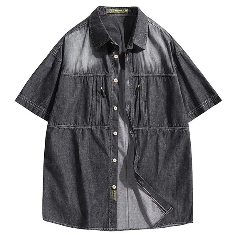 Джинсовая рубашка мужская с коротким рукавом, винтажная блуза-карго в стиле Харадзюку, пиджак, рубашка на лето