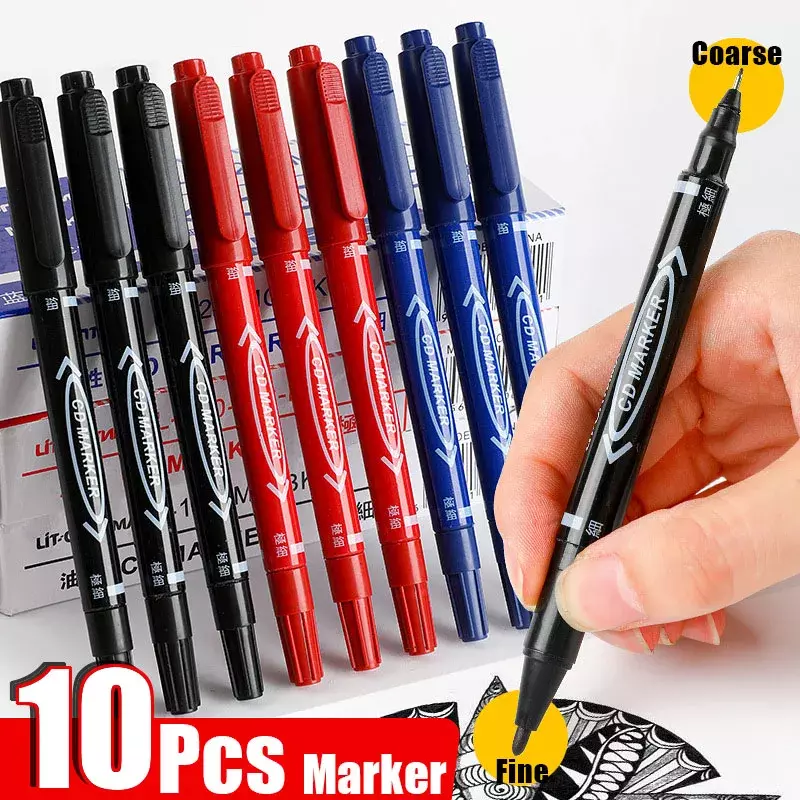 Twin Tip Permanent Marker, Óleo Marcador Pen, Fine Marker, Tinta Papelaria, Material Escolar e de Escritório, Preto Azul Vermelho, 10Pcs