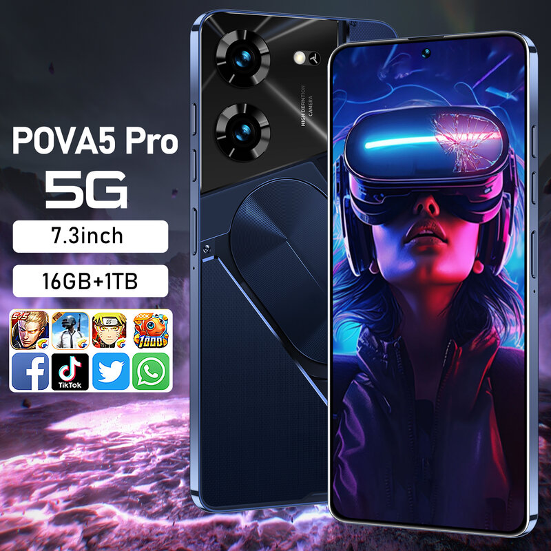 Ponsel 5G Pova 5 Pro, HP pintar 7.3HD layar 16G + 1T 6800Mah 50MP + 108MP Android13 Dual SIM pembuka kunci wajah