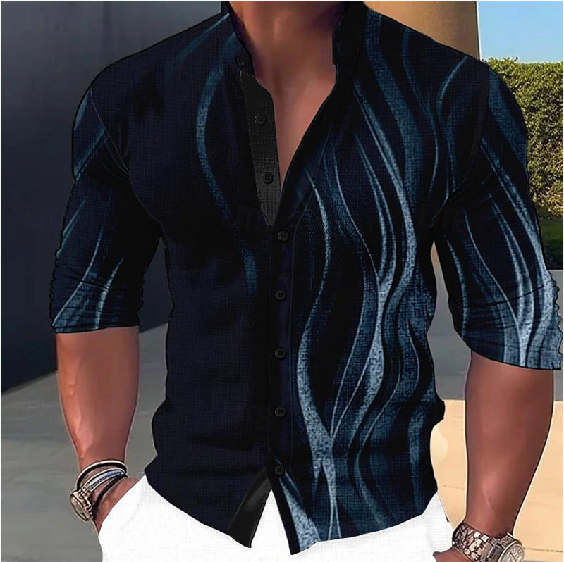 Men's shirt color block 3D printing, outdoor street long sleeved button up clothing fashion design, casual and breathable