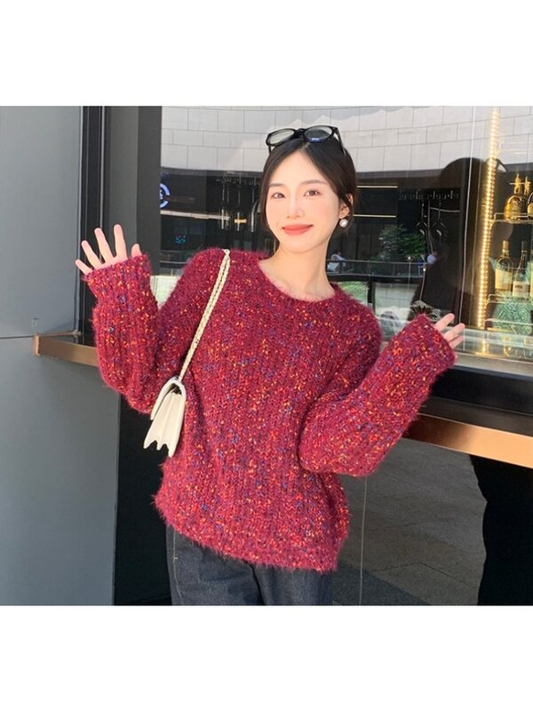เสื้อสเวตเตอร์ถักสวมหัวคอกลม Y2k สำหรับผู้หญิงเสื้อกันหนาวลายจุดหลากสี MODE Korea ฤดูใบไม้ร่วงและฤดูหนาวเสื้อสเวตเตอร์เสื้อยืดคอกลม