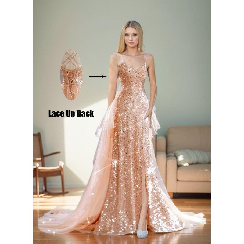 Wakuta Sparkly Sequin Prom Dresses Women Long Tulle Tiered Spaghetti Strap Formal Party Gowns Elegant Wedding Dresses with Slit