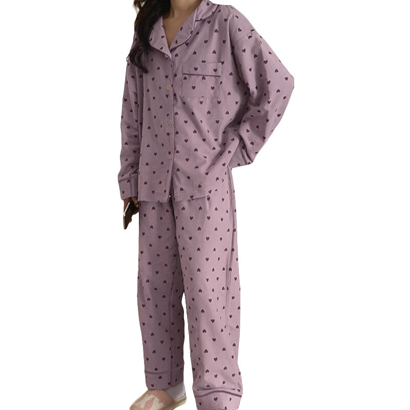 Пижамный комплект Женский из 2 предметов, одежда для сна, штаны с принтом сердечек, пижама на пуговицах, с длинным рукавом, домашняя одежда, весна-лето-осень
