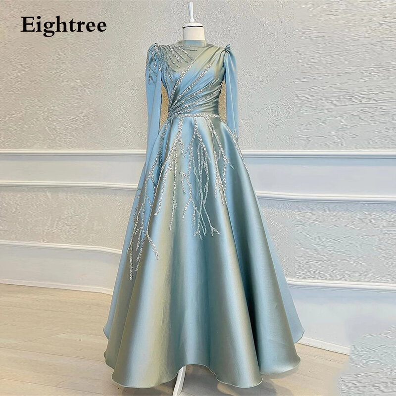 Eightree gaun malam Formal biru langit Muslim cantik gaun malam lengan panjang leher tinggi berkilau applique renda gaun Prom wanita Arab