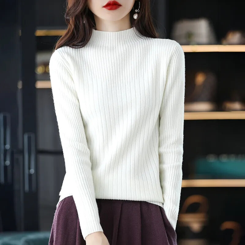 Suéter de gola alta manga comprida feminino, pulôver de tricô, monocromático, top básico, casual, fino, moda coreana, roupa simples