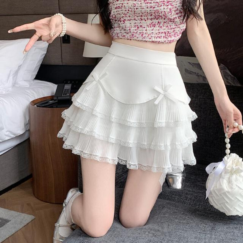 Deeptown Kawaii Lace Pleated Mini Skirt Women Coquette Sweet Bow Short Skirts Ruffle Cute Layered Patchwork Korean Fashion Skirt