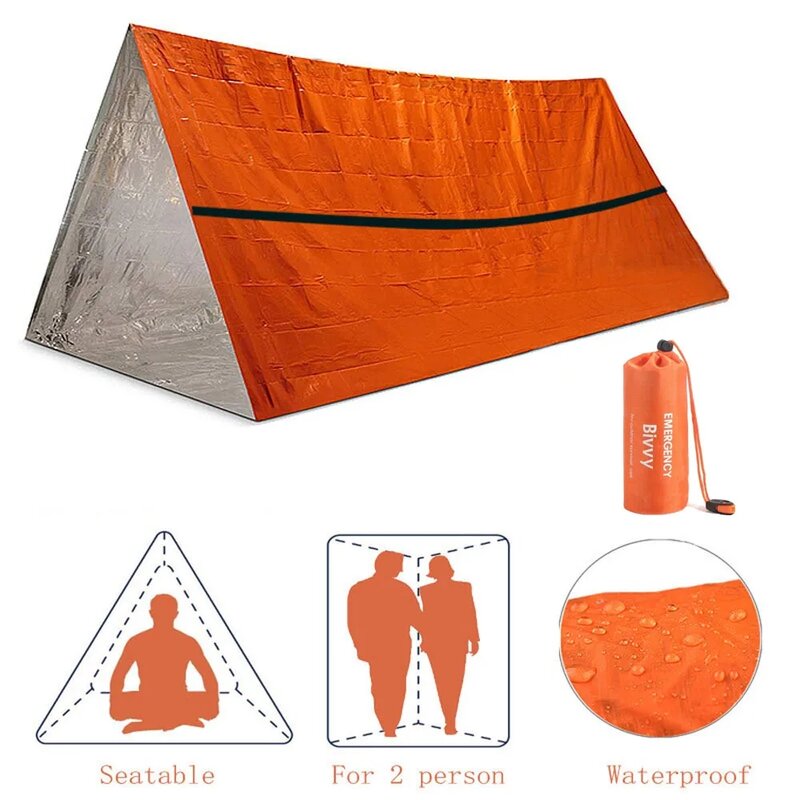 طقم خيمة نجاة للطوارئ قابلة لإعادة الاستخدام ، كيس نوم مقاوم للماء ، أنبوب مايلر ، بطانية حرارية SOS ، مأوى لبلاب ، شخصين ، في الهواء الطلق