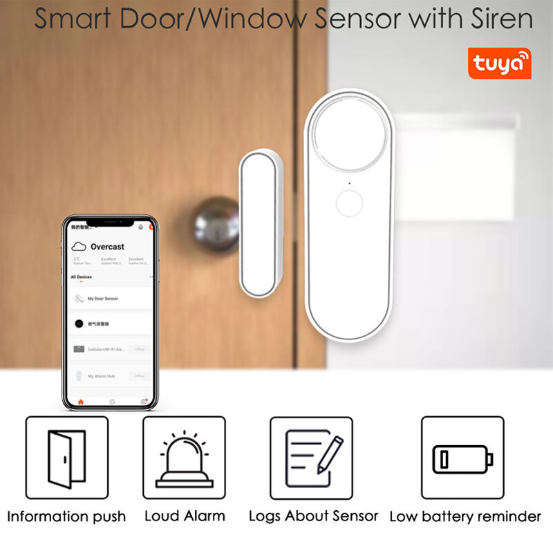Wi fi porta janela sensor aberto perto detector de som alarme 90db alexa google casa inteligente controle remoto sensor da porta wi fi tuya app