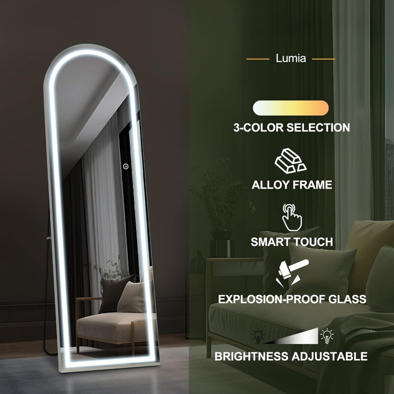Floor Mirrors Full Body Length 63 X 20 Inch Arched Full Length Mirror With LED Lights Wall Mounted Mirror Silver Living Room
