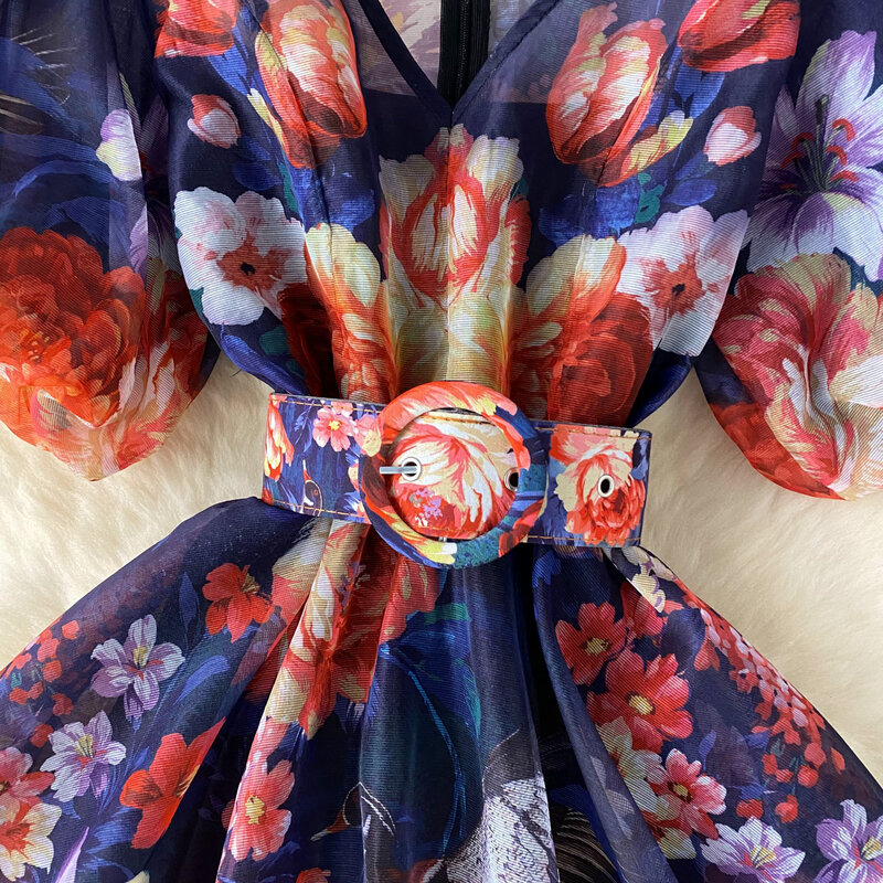 Harajpoo Französisch Haute Couture V-Ausschnitt Blumen kleid Frauen Sommer Blase Ärmel Bund Nische luxuriöse kurze Dame Vestidos