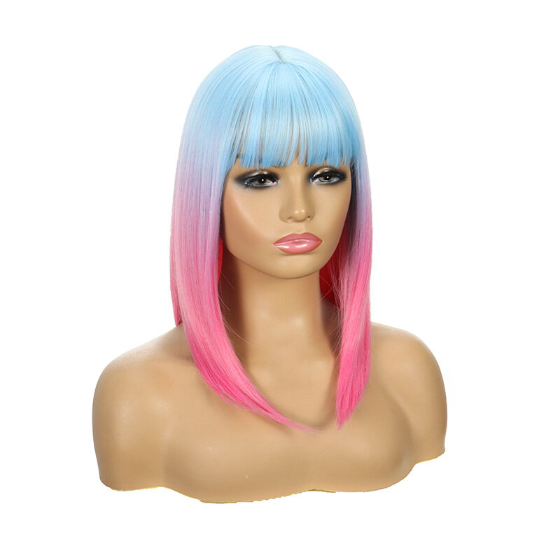 Parrucca sfumata con frangia per donna, parrucca Bob sfumata blu e rosa, parrucca Cosplay Party