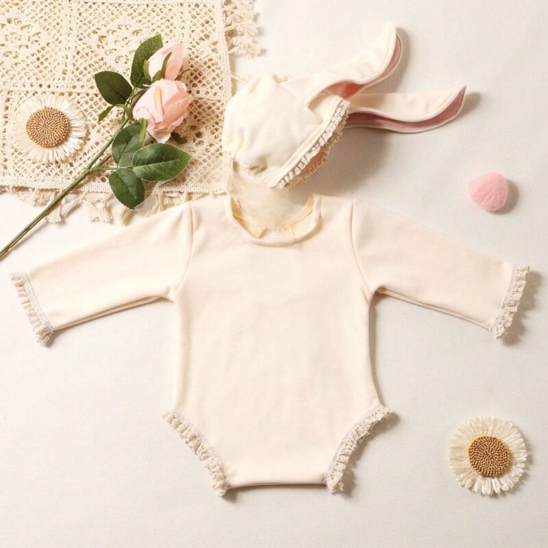 K5dd roupa fotográfica com tema de coelho recém-nascido, chapéu com orelha de coelho e macacão, conjunto para bebê de 0 a 1 mês