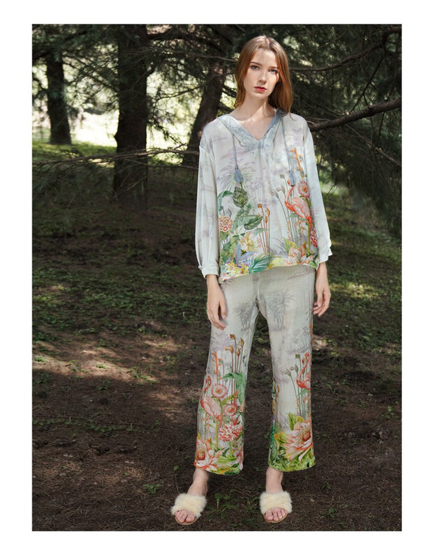 Birdtree-Conjunto de pijama de veludo seda real para mulheres, calça manga comprida com capuz, loungewear borla, respirável e conforto, outono, novo, S41443QD