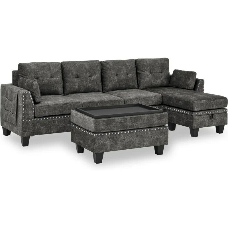 Living Room Furniture Sets,Sectional Sofa with Storage Ottoman,L-Shaped 2 Pillows&Extra Wide Reversible Chaise,Upholstered C