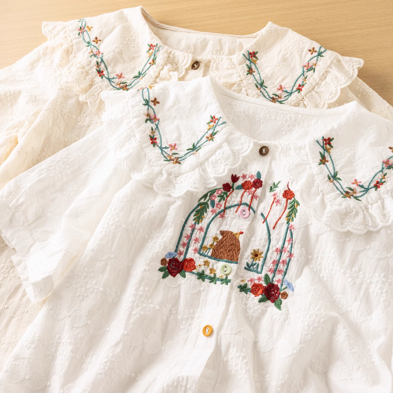 Camisas y blusas de retazos de encaje bordado kawaii de estilo japonés para niñas Mori, ropa juvenil para mujer, ropa dulce lolita