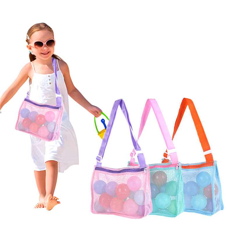 調節可能なメッシュのビーチバッグ,子供のおもちゃのオーガナイザー,ジッパー付きストラップ,収納ポーチ,収集バッグ,丸いバケット